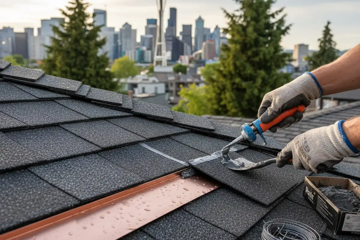 Seattle, WA roof repair close-up showing skilled shingle flashing and sealing work by a technician