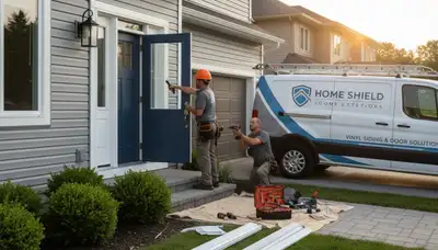 Technician repairing weather-damaged exterior door, Next Level Exteriors, Seattle WA door repair service