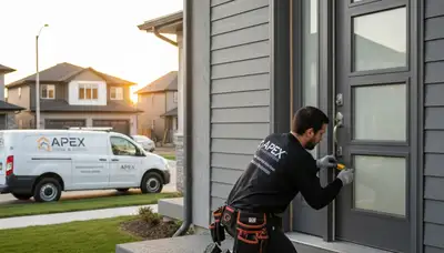 Technician repairing water-damaged exterior door at Seattle WA home by Next Level Exteriors