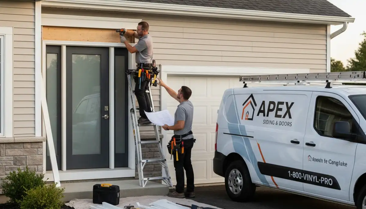 Technician repairing water-damaged exterior door on vinyl siding home in Seattle, WA
