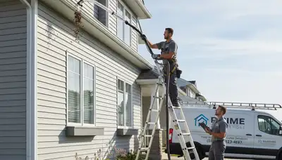 Technician performing professional gutter cleaning on Seattle, WA home exterior with vinyl siding