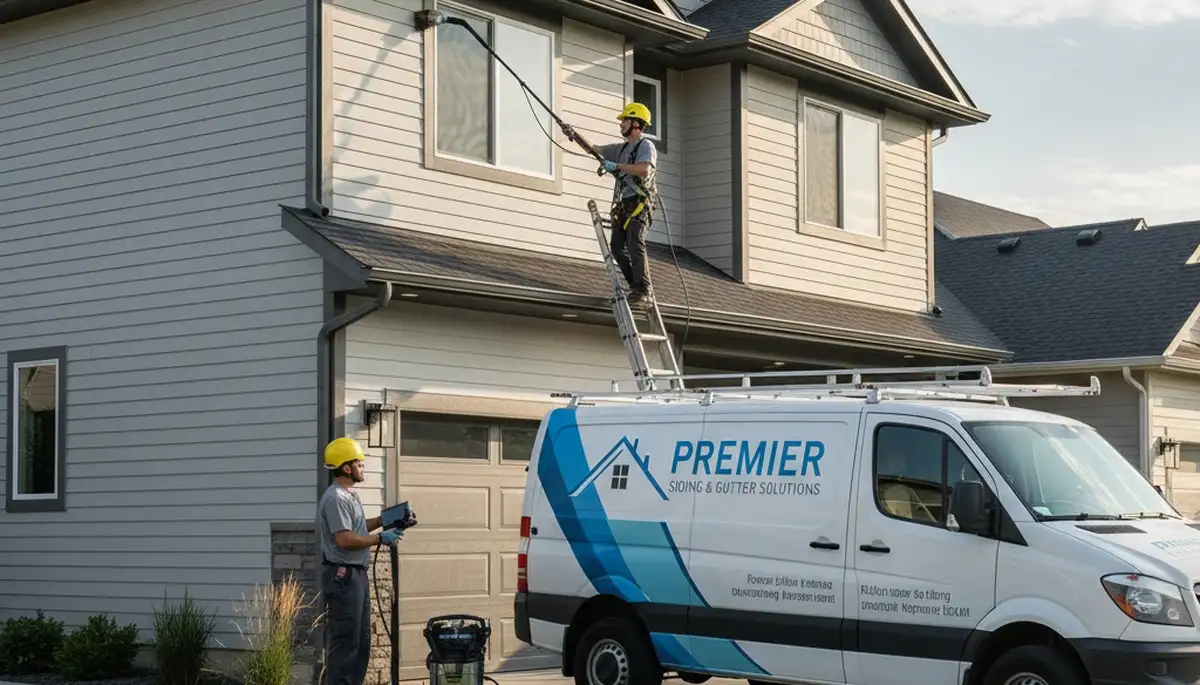 Professional gutter cleaning on Seattle, WA home exterior by expert vinyl-siding contractors