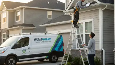 Technician performing vinyl siding and gutter inspection on Seattle WA home exterior