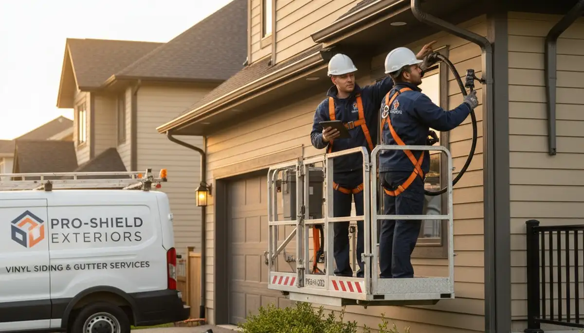 Technician performing vinyl siding and gutter inspection on Seattle WA home exterior