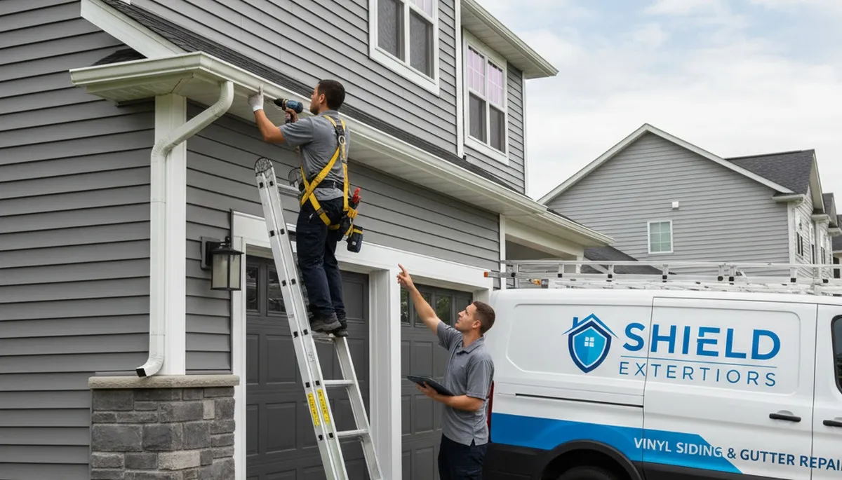 Technician performing gutter repair on vinyl siding home in Seattle, WA