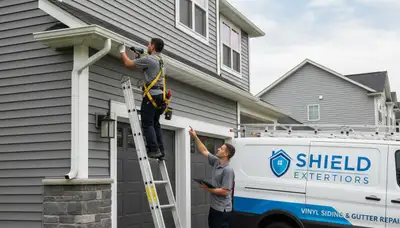 Technician performing gutter repair on vinyl siding home in Seattle, WA