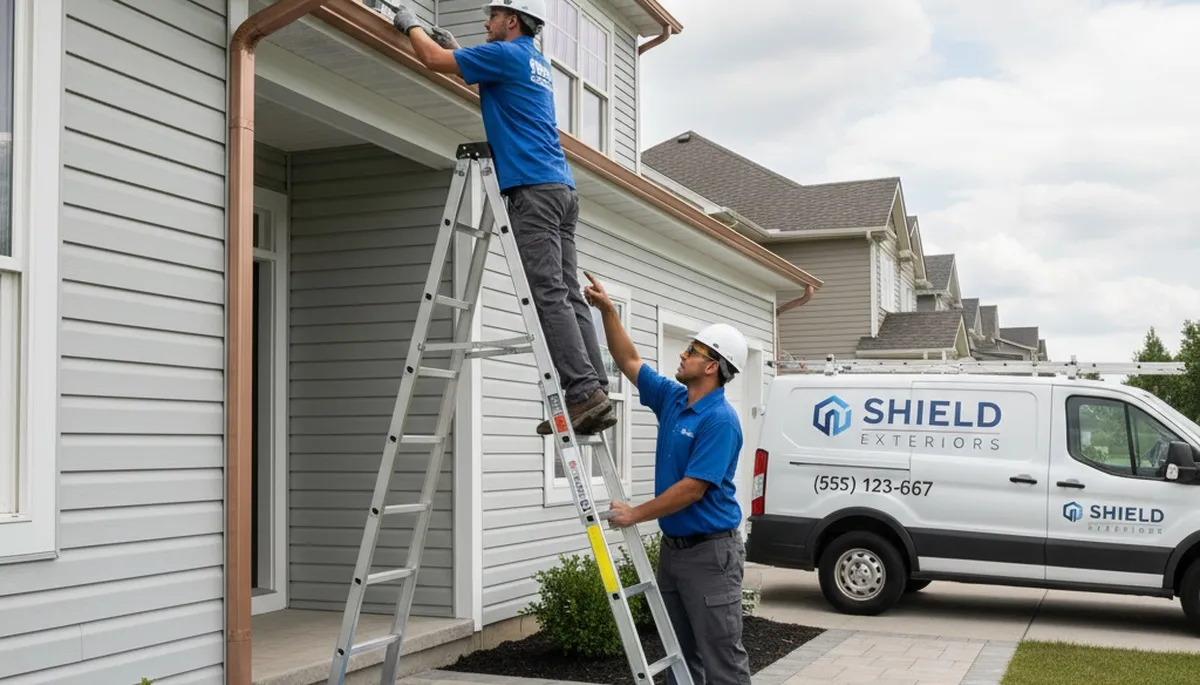 Technician performing gutter repair on Seattle WA home exterior with durable vinyl siding