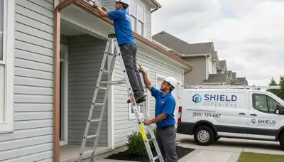 Technician performing gutter repair on Seattle WA home exterior with durable vinyl siding