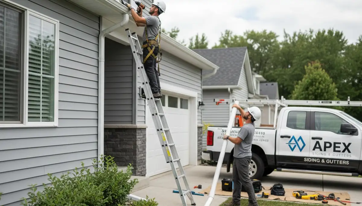 Technician repairing residential gutters on vinyl-sided home in Seattle, WA