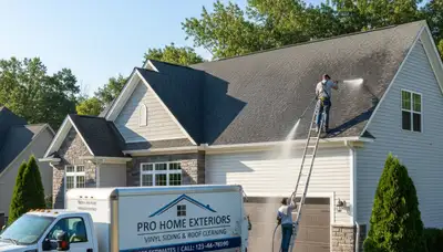 Professional roof cleaning and vinyl siding contractors in Seattle, WA removing moss and debris