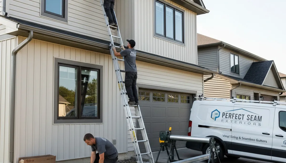 Technicians installing seamless gutters on vinyl siding home in Seattle, WA