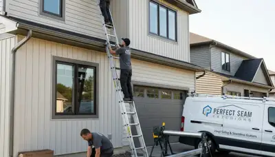Technicians installing seamless gutters on vinyl siding home in Seattle, WA
