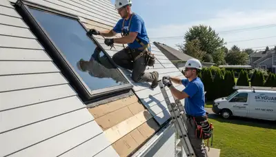Vinyl siding contractors repairing skylight leak on residential roof in Seattle, WA