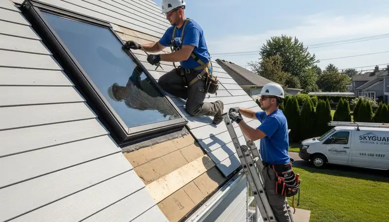 Vinyl siding contractors repairing skylight leak on residential roof in Seattle, WA