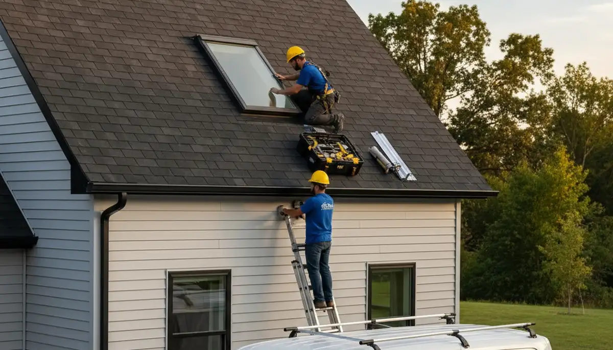 Vinyl siding contractors repairing skylight leaks on Seattle WA home exterior