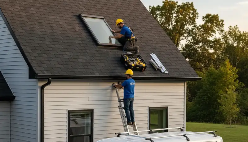 Vinyl siding contractors repairing skylight leaks on Seattle WA home exterior