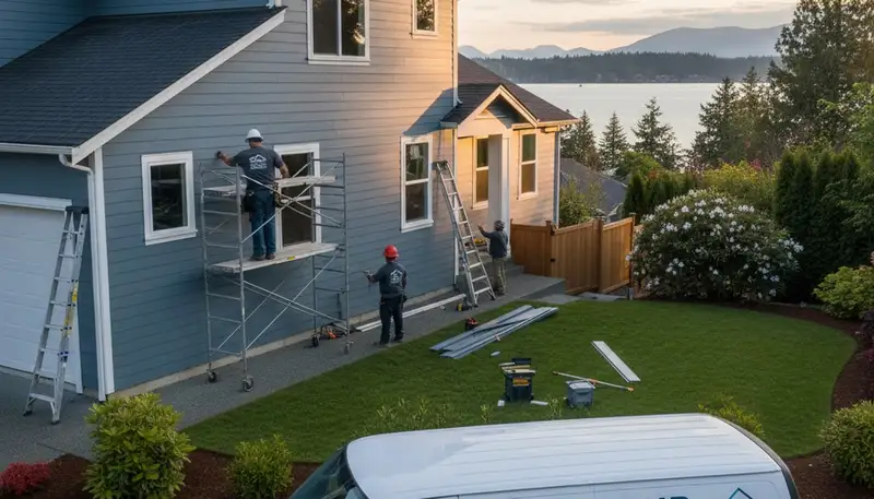 Professional vinyl siding contractors working on home exterior in Seattle, WA