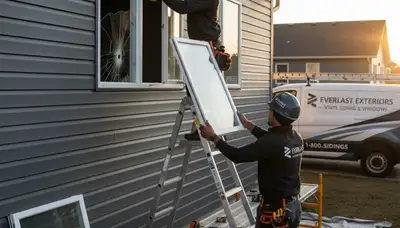 Technician repairing window frame with vinyl siding in Seattle, WA home exterior