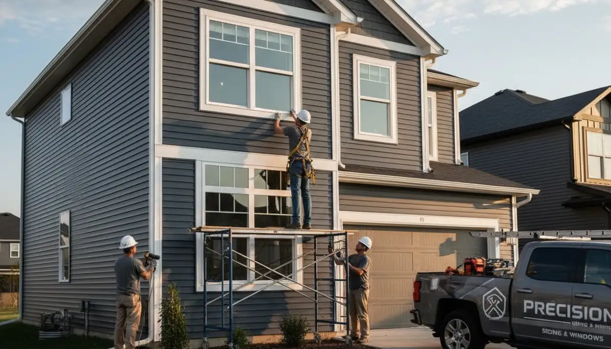 Technician repairing window frame and siding on Seattle WA home exterior by Next Level Exteriors